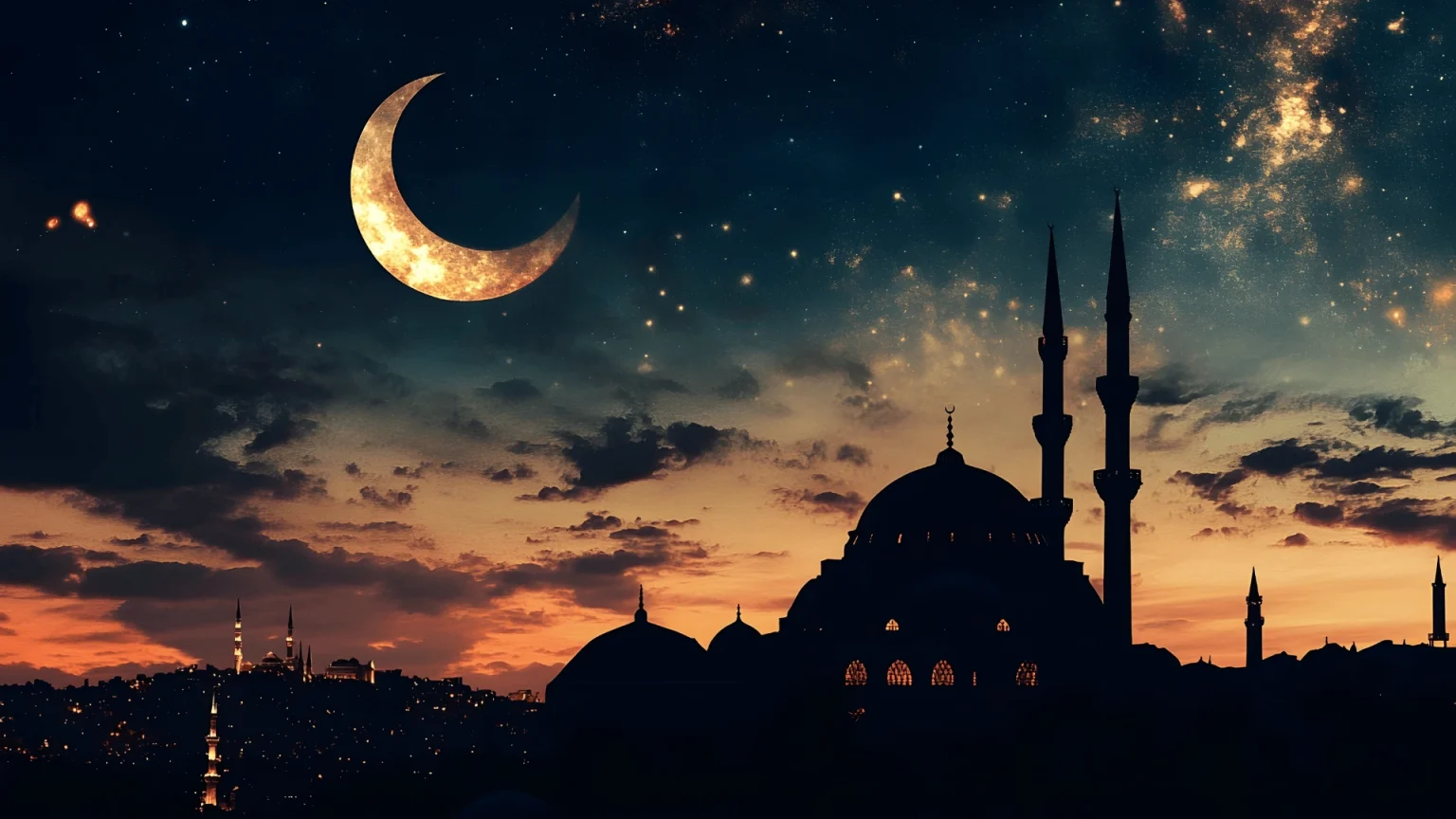 Noćni prizor sa džamijom i polumjesecom, vidljivim kao islamski simboli pod mjesečevom svjetlošću.