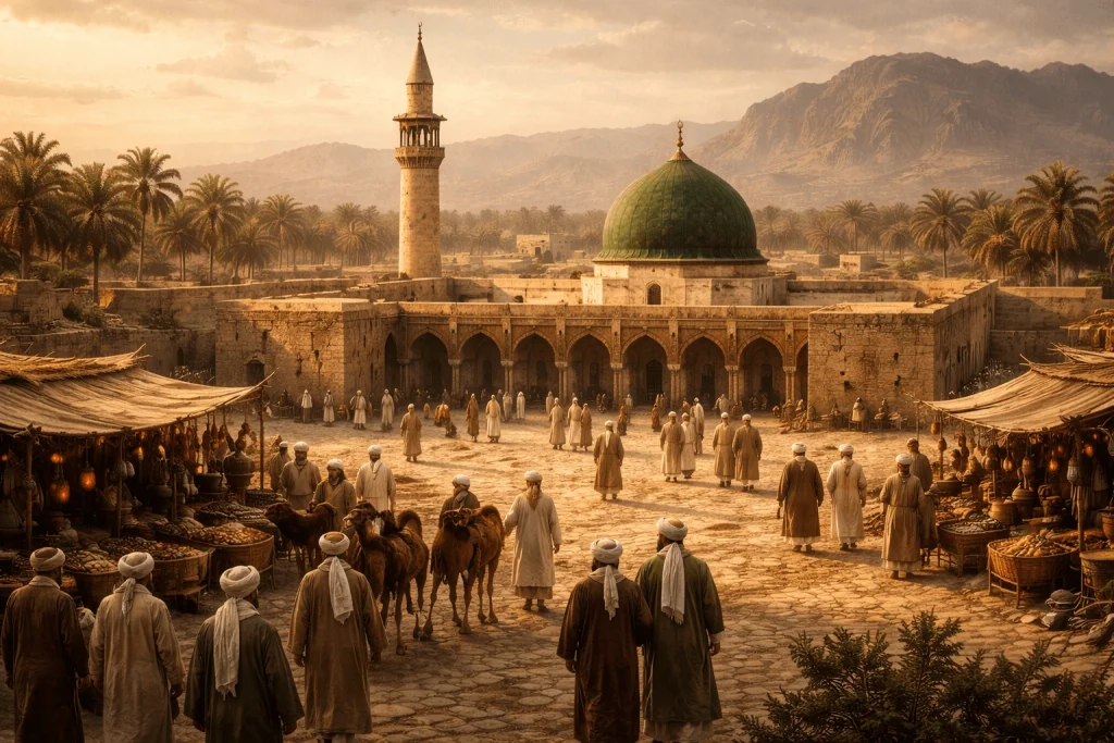 Simboličan i umjetnički prikaz Medine u vrijeme Poslanika Muhammeda (Sallallahu alejhi ve sellem); vizuelni sadržaj ne prikazuje Poslanika niti stvarne osobe.