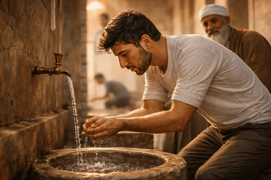 Uzimanje Abdesta Musliman koji uzima abdest prije namaza